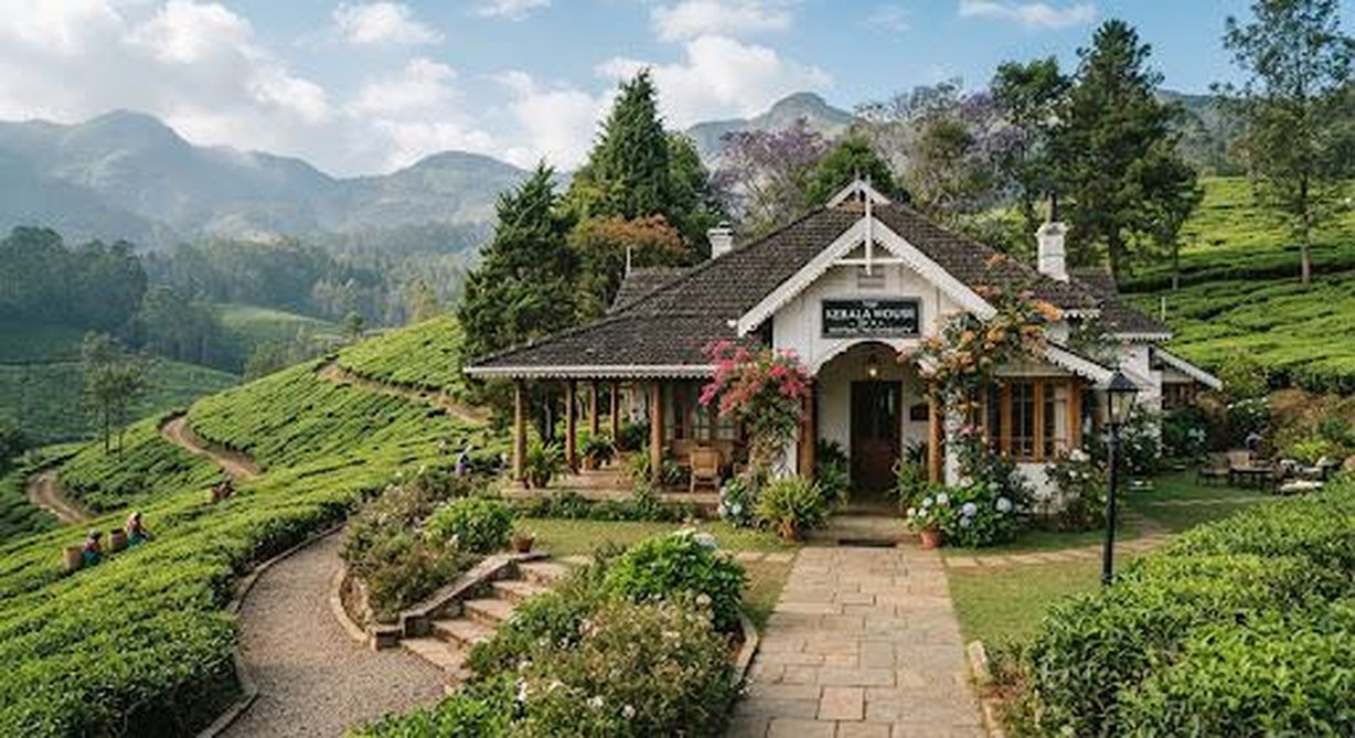 A restored tea-garden bungalow with a stone path and blooming borders