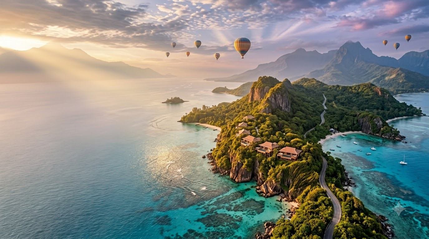 Hot air balloons drifting over a turquoise Mediterranean coastline at sunrise